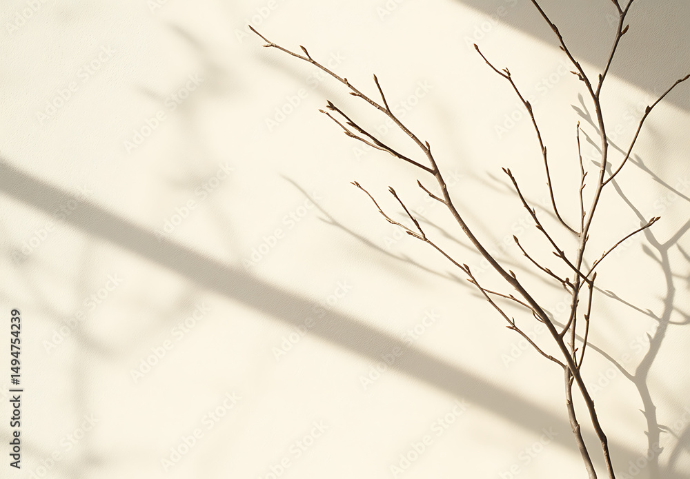 Poster bare tree branches with small buds cast shadows on textured light beige wall under soft light in min
