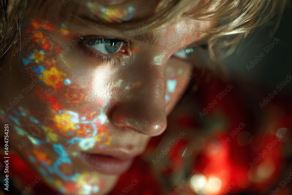 Poster close-up portrait of a young person illuminated by colorful projections in a dimly lit setting