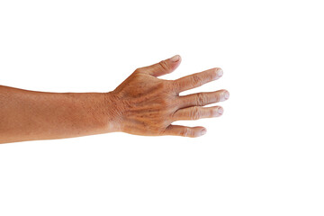 Elderly woman's hand showing her hand up making gestures such as excellent, grab, fight, shake hands on white background.