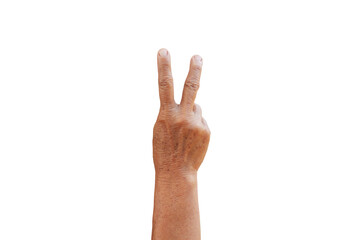 Fototapeta premium Elderly woman's hand showing her hand up making gestures such as excellent, grab, fight, shake hands on white background.