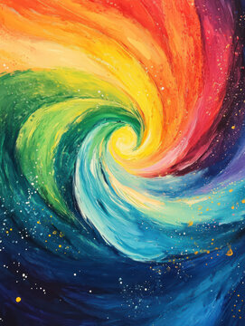 Vibrant abstract painting of a swirling rainbow vortex with bright colors blending seamlessly into each other, creating a dynamic and captivating visual effect