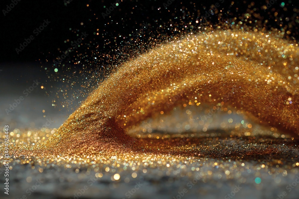 Poster golden glitter swirling in the air creates a mesmerizing pattern against a dark background during a 