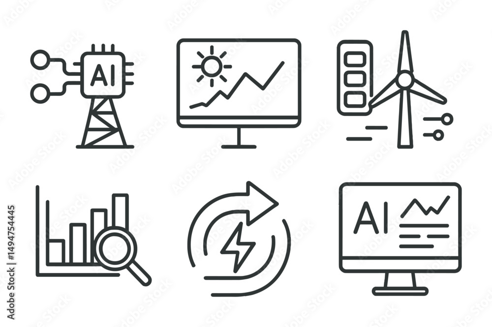Poster artificial intelligence line icons set – technology, machine learning, data symbols