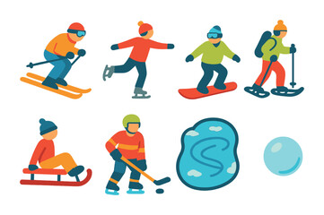 Winter sports flat icons set – skiing, snowboarding, ice skating symbols