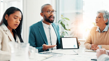 Man, people and tablet screen for finance meeting for budget review, financial stats and graphs. Speaker, digital and charts for proposal, pitch and information with profit report for company revenue