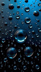 Numerous shiny blue  hued water droplets on a dark background, varying in size. 