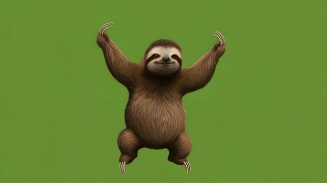 Happy Sloth Hanging in Mid-Air - A playful three-toed sloth with a cheerful expression hangs in mid-air against a solid green background