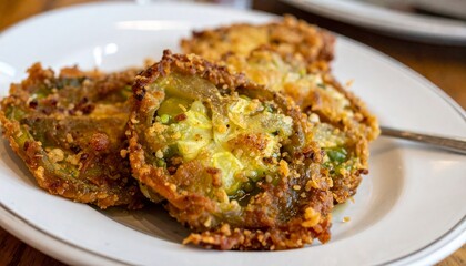 Rustic fried green tomatoes in a charming restaurant setting for food enthusiasts