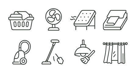 Household chores outline icons set – cleaning, laundry, daily task symbols
