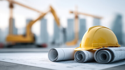 Fototapeta premium A yellow hard hat sits on top of a stack of blueprints