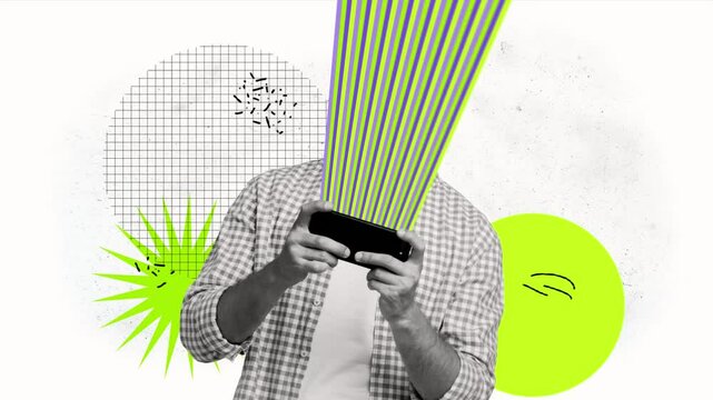 Contemporary 3d motion collage video of anonym man hold phone addicted ray ai