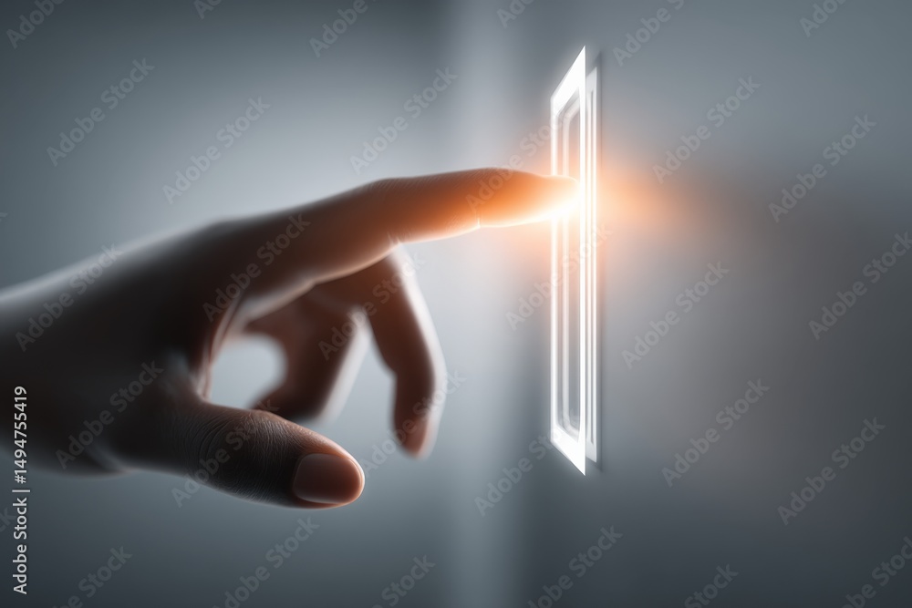 Poster hand pressing a control panel in a dimly lit space emphasizing technology and interaction at night