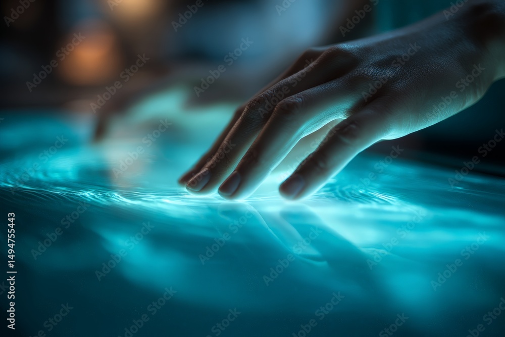 Poster Touching a luminous surface in a dimly lit environment, creating dynamic wave patterns at night
