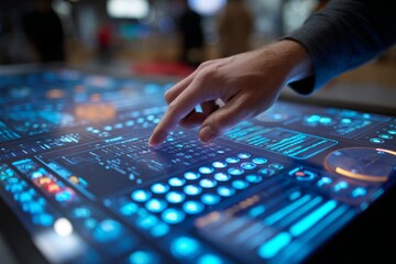 Fototapeta premium Interactive touchscreen technology being used for data visualization and exploration at a modern tech exhibit