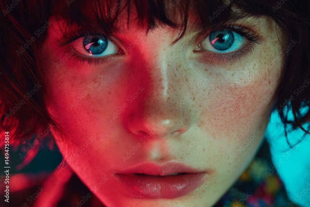 Poster close-up of a person with striking blue eyes and freckles, illuminated by vibrant red and blue light