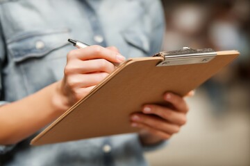 Person holding clipboard while taking notes in a busy indoor setting with soft lighting