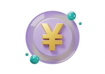 Fototapeta premium 3D Illustration of Yen symbol on purple disc with teal spheres isolated on white background