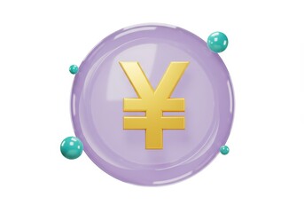 Fototapeta premium 3D Illustration of Yen symbol on purple coin with teal spheres isolated on white background