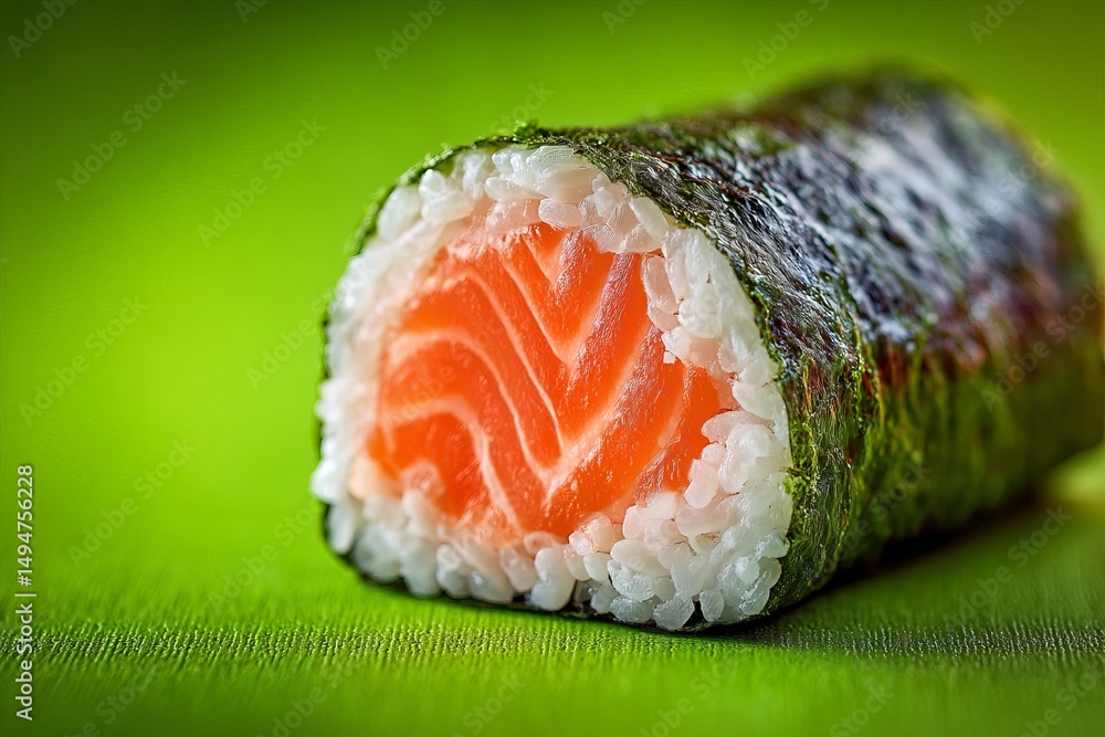 Poster delicious salmon sushi roll with vibrant colors displayed on a green background