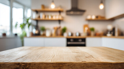 Wooden table surface in a bright kitchen with open shelves and blurred background creating depth of field