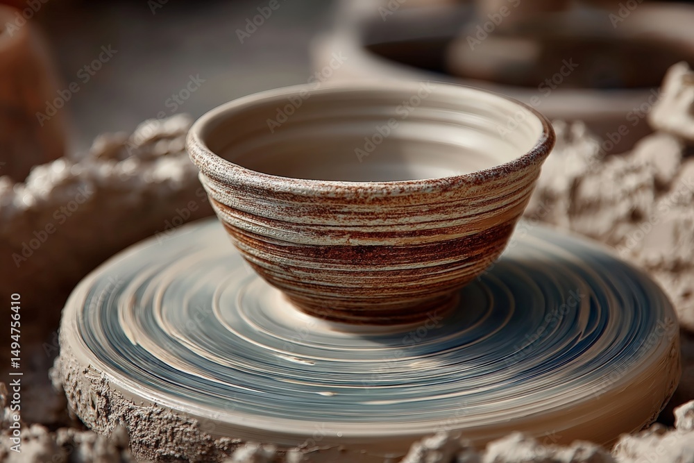 Poster unique handmade pottery created on a potter's wheel in a workshop during bright daylight hours