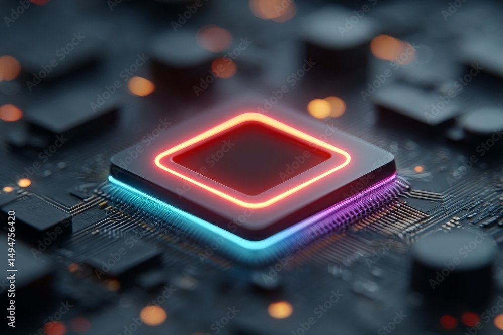 Poster Close-up view of a futuristic microprocessor with glowing edges on a dark circuit board