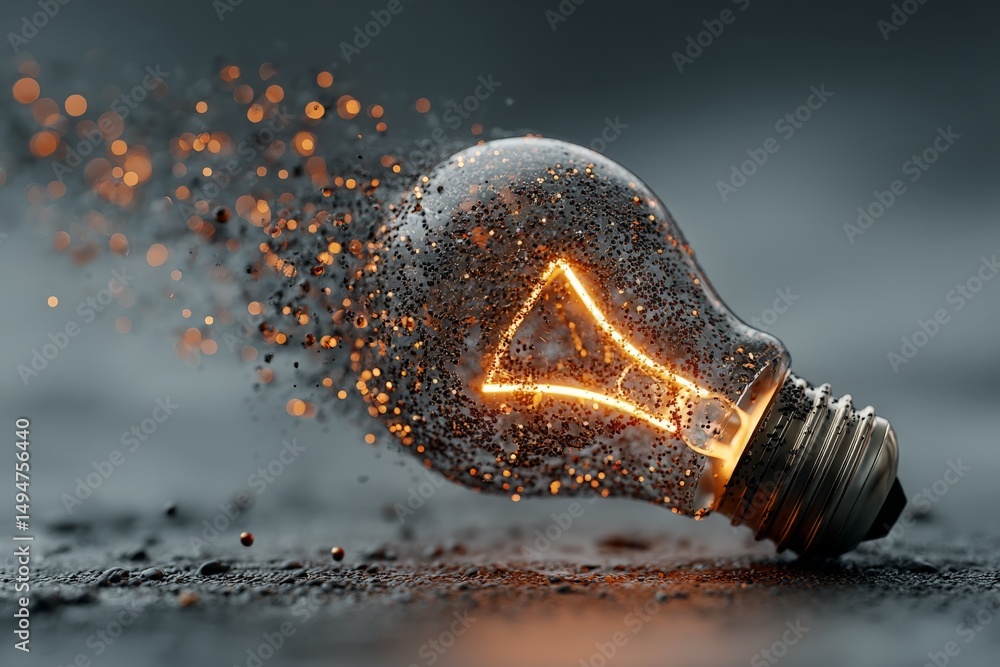 Poster Sparkling light bulb shattering with particles in a dramatic display of creativity and innovation