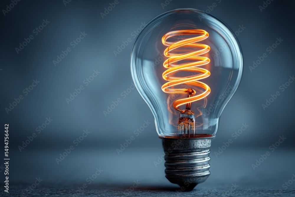 Aufkleber Modern light bulb with glowing filament displayed on a textured surface in a dimly lit environment