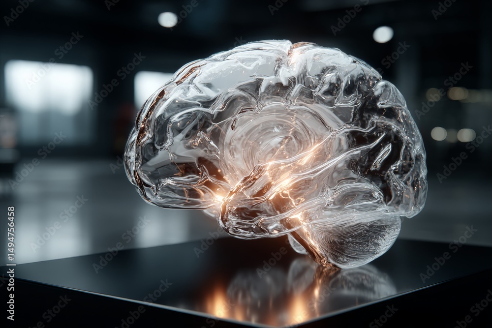 Poster translucent brain sculpture with glowing inner details showcases creativity and innovation in modern
