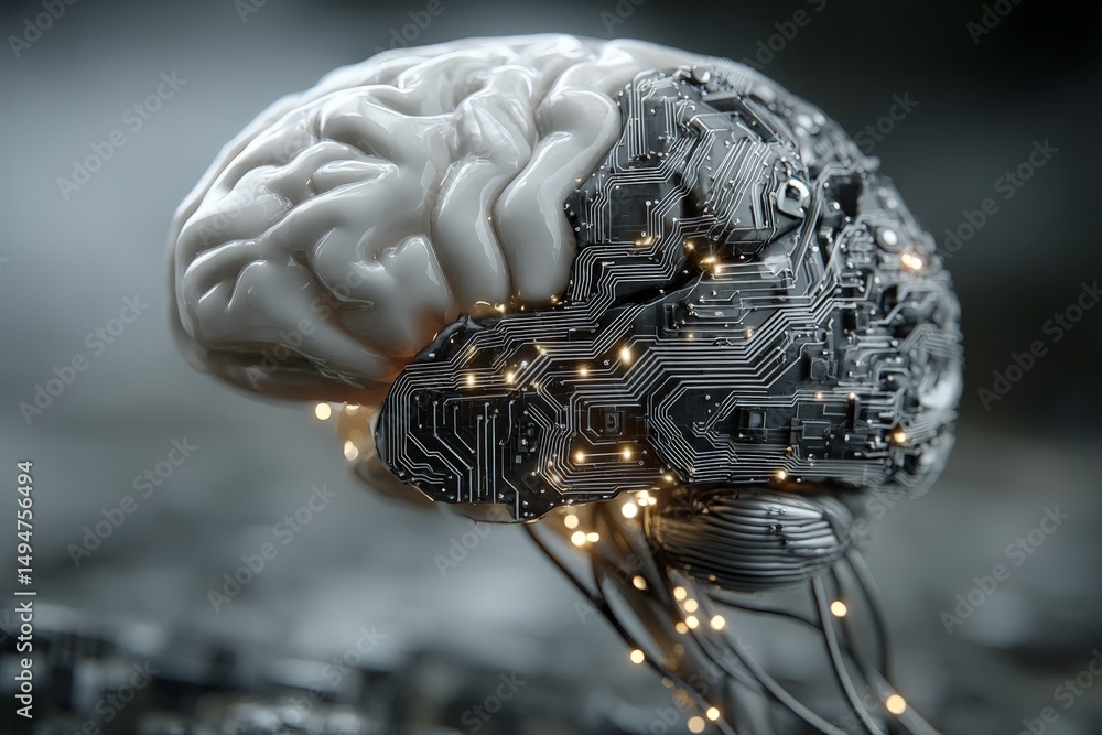 Poster futuristic brain design merging organic and digital elements with circuit patterns and glowing light