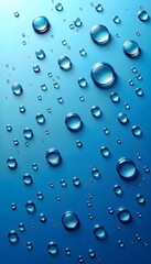 Clear water droplets of varying sizes scattered across a vibrant blue background. 