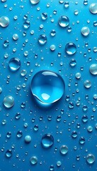 Numerous water droplets on a vibrant blue background, with a larger central droplet standing out. 