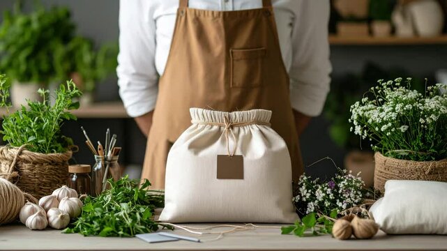 Natural packaging bag with herbs and flowers for rural entrepreneurship, tying cotton bag in cozy apron setting with natural materials