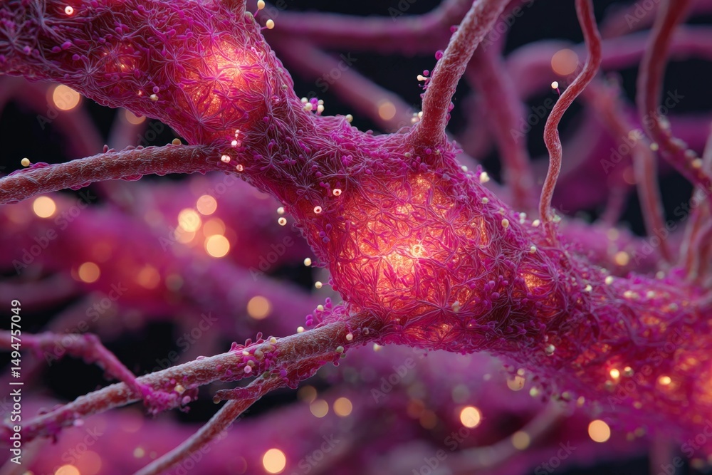 Poster Detailed visualization of pink neurons showcasing synaptic connections and neural pathways in a close-up format