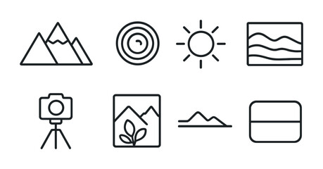 Nature and scenery outline icons set – flat, linear, landscape symbols