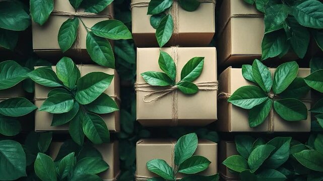 Eco friendly gift boxes among leaves