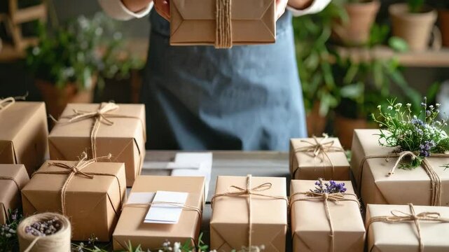 Rural entrepreneurship with hands holding gift box wrapped brown paper and twine, surrounded by natural flower decorations and eco friendly packages