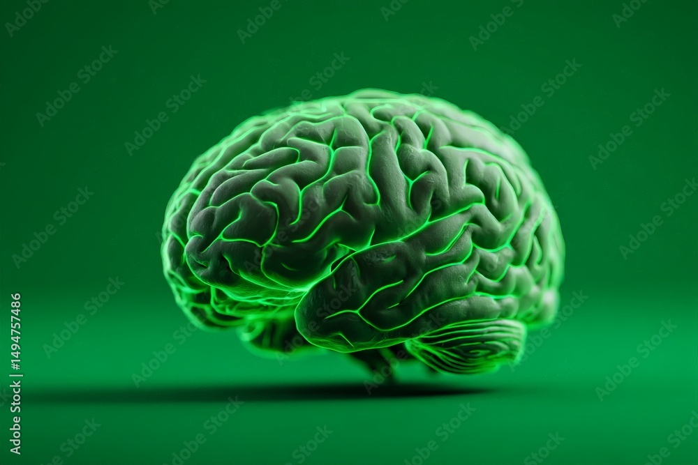 Aufkleber Green brain with illuminated details against a dark green background emphasizing neural patterns and textures