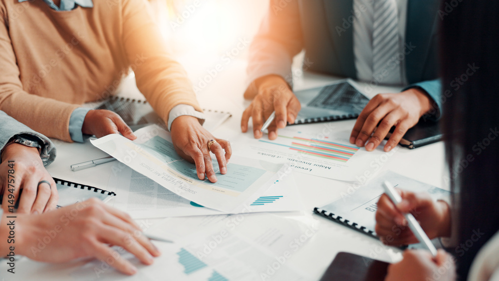 Poster documents, hands and business people in office for meeting with finance statistics, graphs or data. 