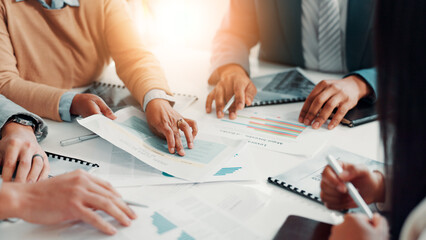 Documents, hands and business people in office for meeting with finance statistics, graphs or data....