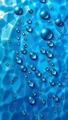 A blue  toned surface adorned with numerous shiny water droplets of varying sizes. 