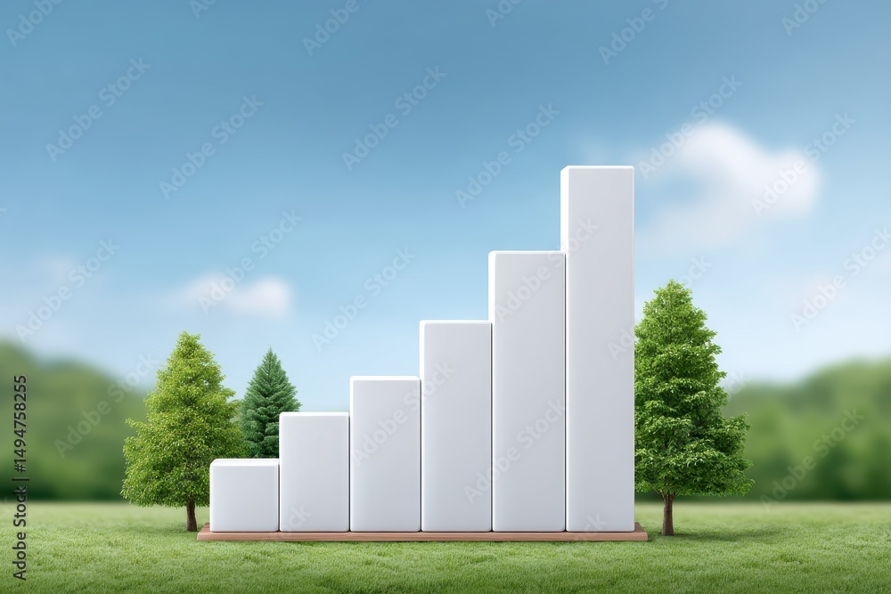 Poster a stylized bar chart representing financial growth and data emerging from a serene forest landscape 