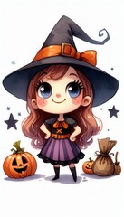 Halloween celebration cute witch character festive scene digital art whimsical environment cartoon viewpoint