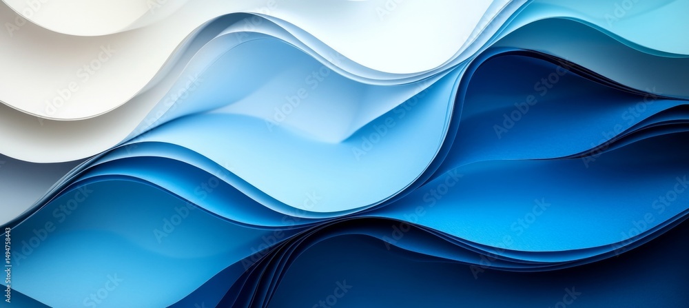 Poster abstract background of layered paper folds in blue tones, forming dynamic waves and a soft gradient