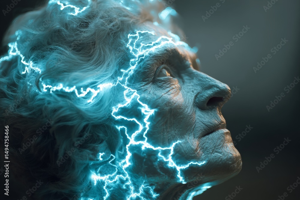 Aufkleber elderly person with glowing blue energy patterns on their face gazes upward with a thoughtful expres
