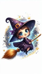 Charming witch flying on broomstick enchanted forest digital illustration magical atmosphere whimsical perspective