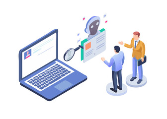 Hiring and human recourses concept. Character use artificial intelligence technology to build resume for job searching, interview. Flat isometric vector illustration. 