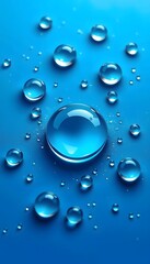 Clear water droplets of varying sizes scattered on a vibrant blue background. 