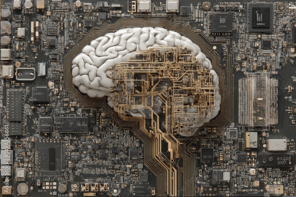 Poster digital brain model integrated with circuit board technology showcasing a blend of biology and elect