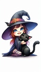 Enchanting witch with black cat magical forest digital artwork whimsical playful cute concept